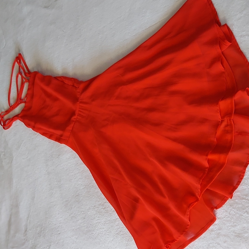 SOLD LuLu's Good Deeds Red Strappy Sheer Lace Up Mini Dress - Picture 1 of 7